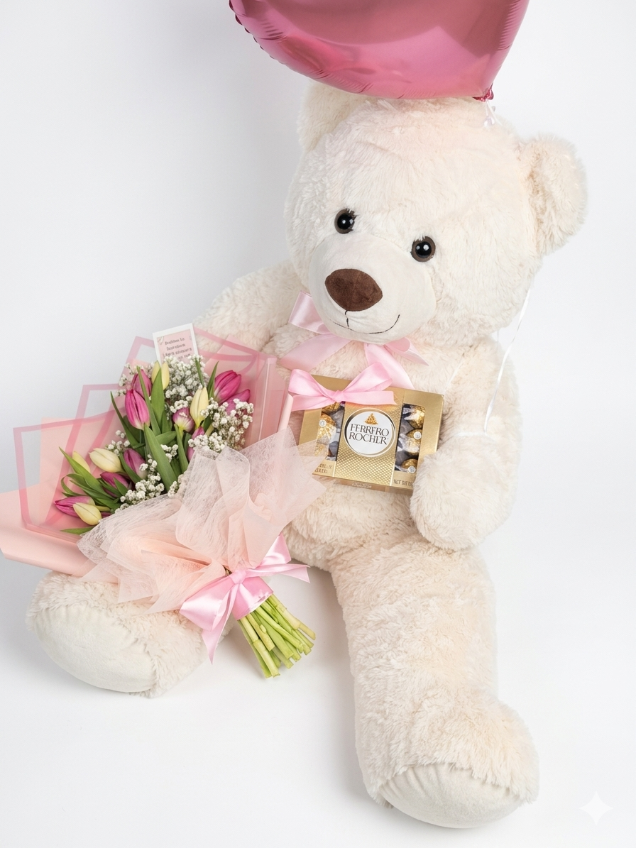 The Perfect Combo (Tulips Bouquet + Teddy Bear)