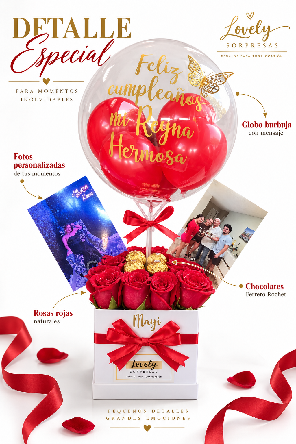 Personalized red rose gift box with custom photos and a personalized balloon, available with delivery in Miami. ❤️🎈🌹